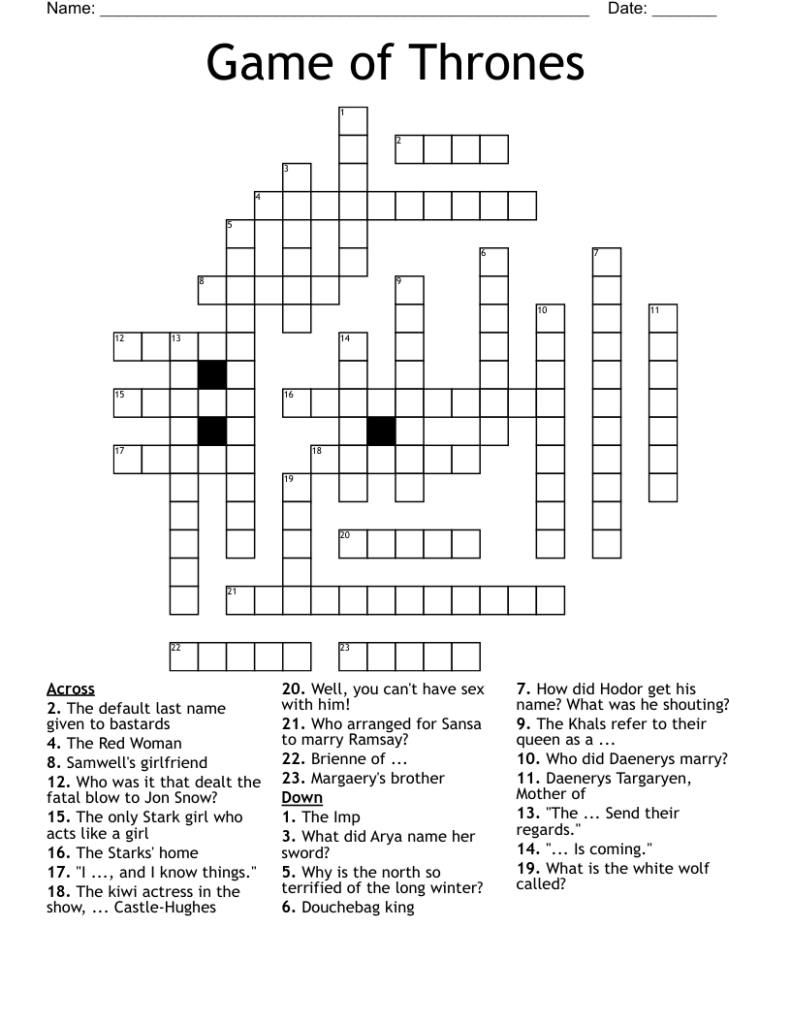 Actress Chaplin Of Game Of Thrones Crossword Prntbl 