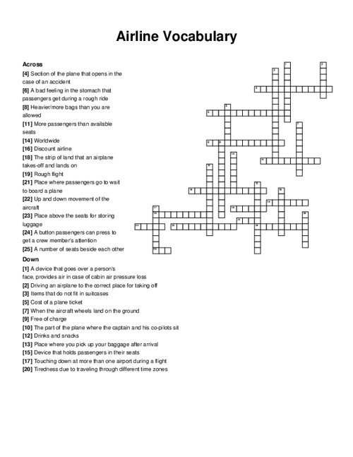 Airline Vocabulary Crossword Puzzle