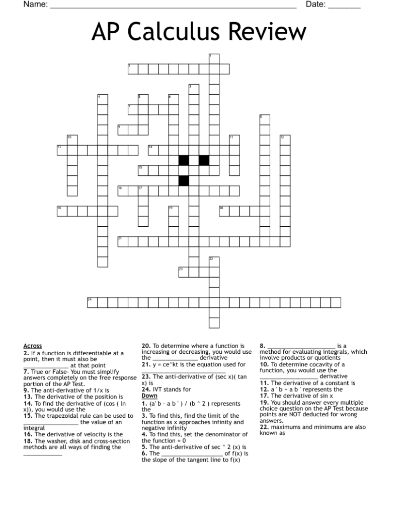 AP Calculus Review Crossword WordMint