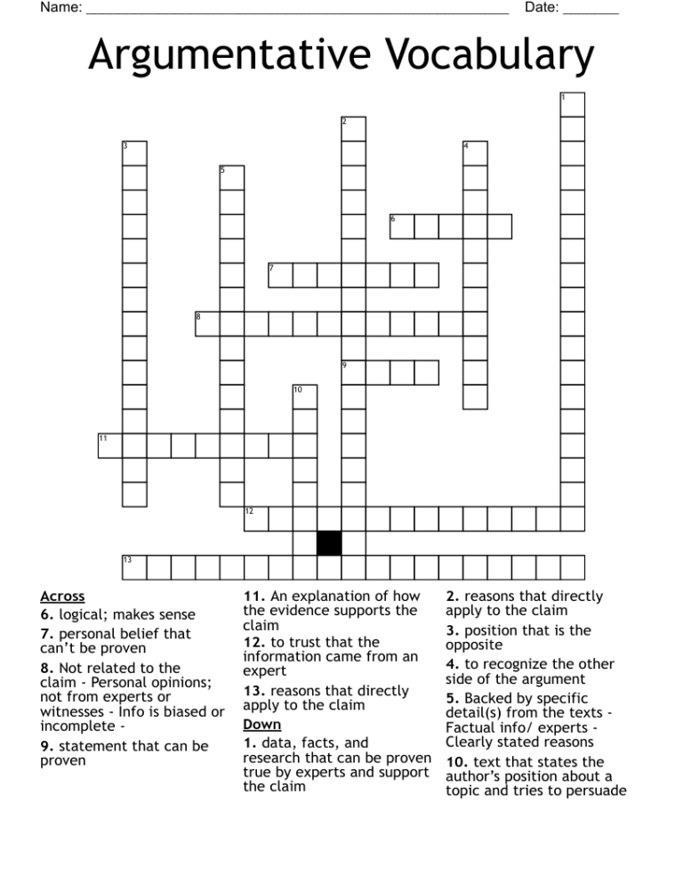 Argumentative Vocabulary Crossword WordMint