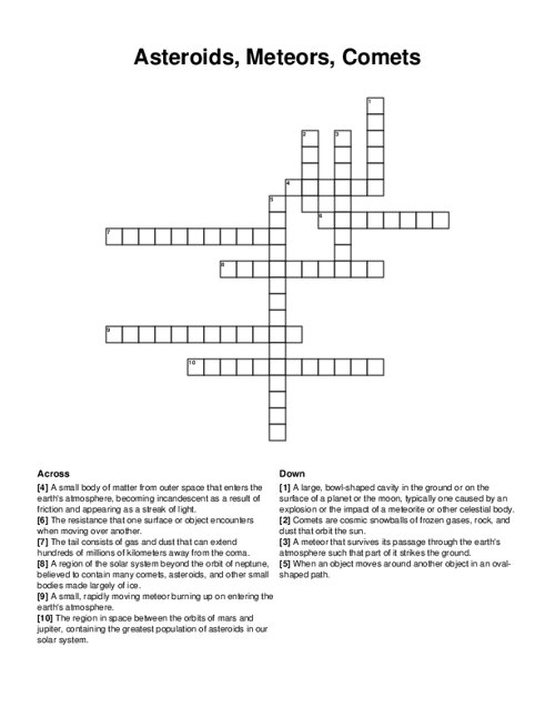 Asteroids Meteors Comets Crossword Puzzle