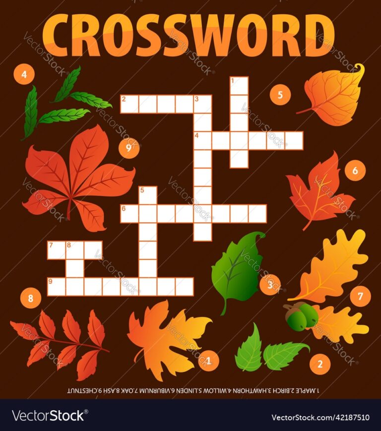 Autumn Leaves And Acorns Crossword Puzzle Sheet Vector Image