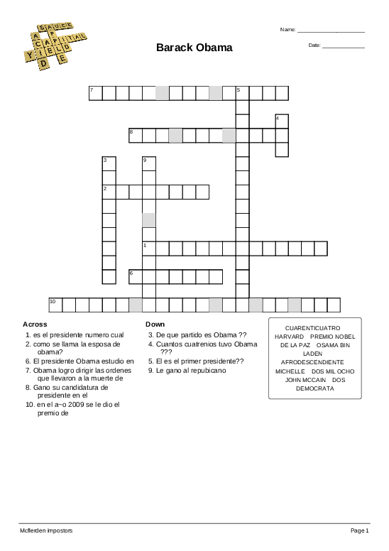 Barack Obama Crossword Quickworksheets