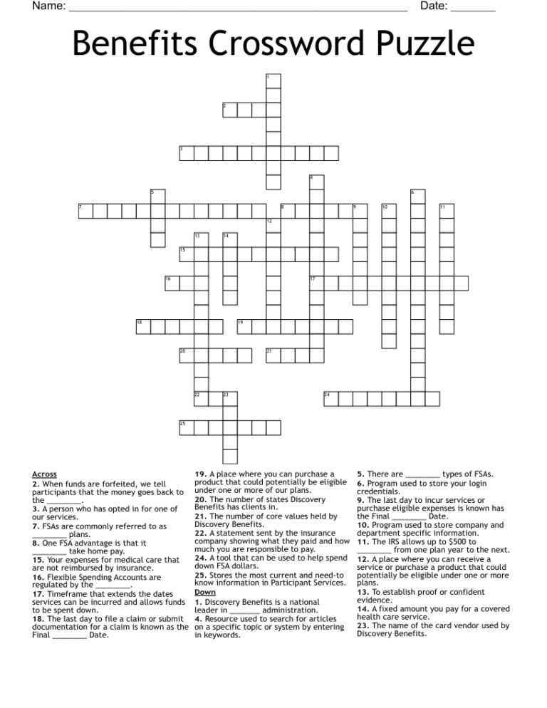 Benefits Crossword Puzzle WordMint