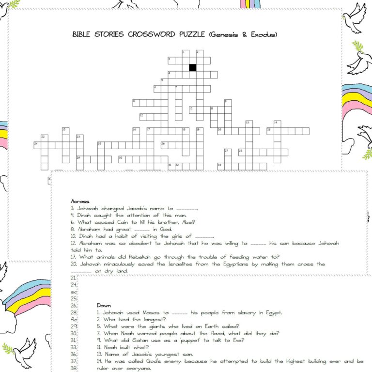 Bible Stories Crossword Puzzle Genesis Exodus JW Printables For Kids 