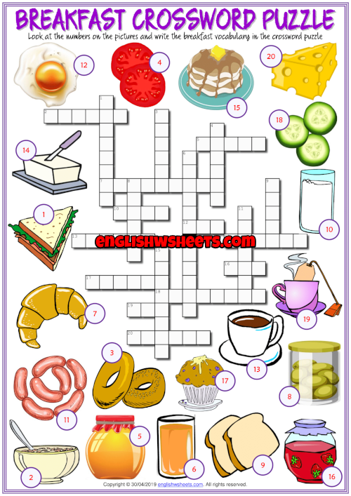 Breakfast ESL Printable Crossword Puzzle Worksheet For Kids