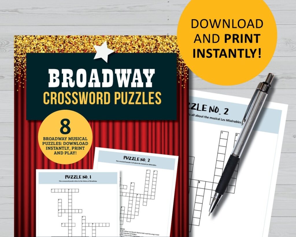 Broadway Crossword Puzzles Party Game Printable Instant Digital 