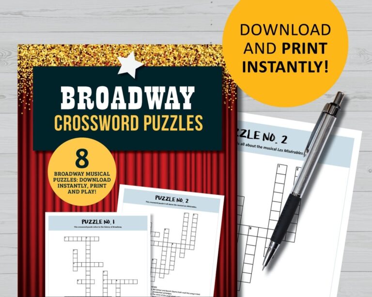 Broadway Crossword Puzzles Party Game Printable Instant Digital 