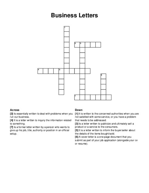 Business Letters Crossword Puzzle