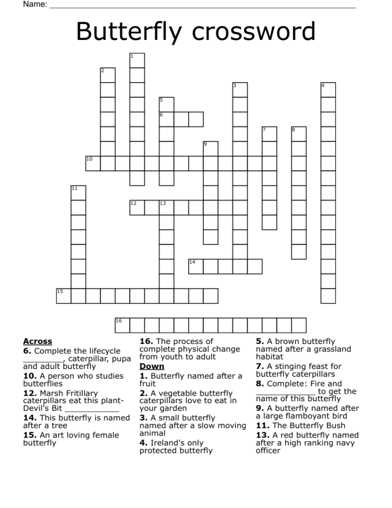 Butterfly Crossword WordMint