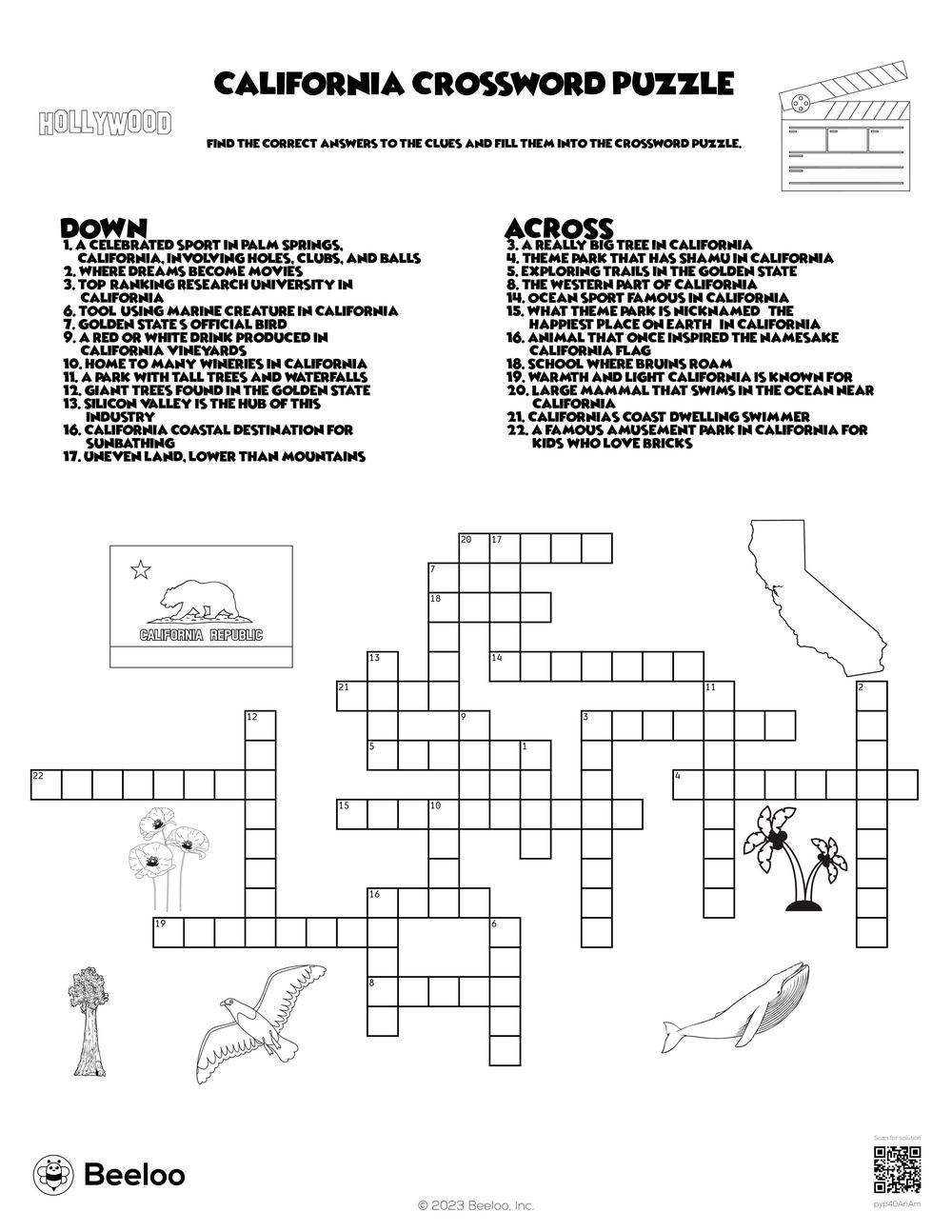 California Crossword Puzzle Beeloo Printable Crafts And Activities