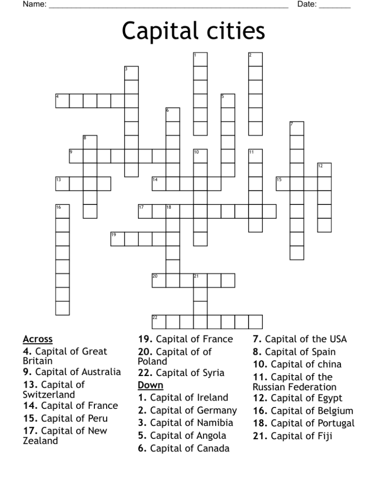 Capital Cities Crossword WordMint