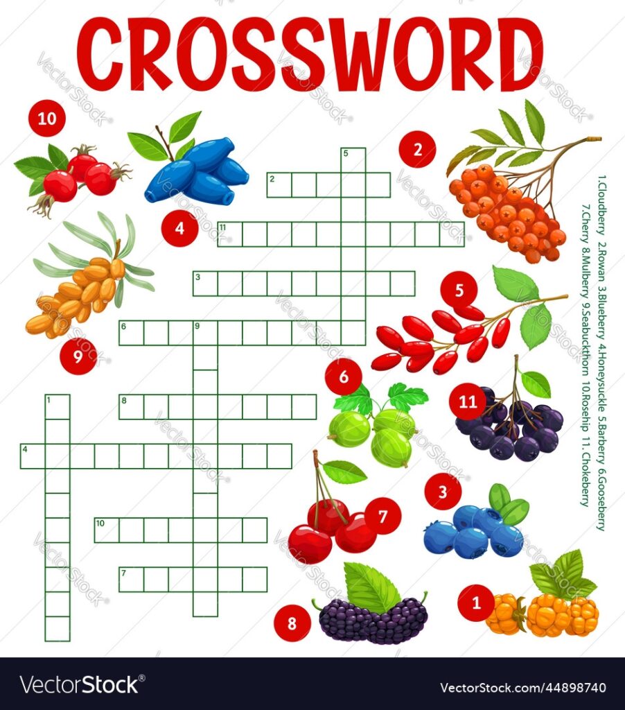 Cartoon Berries Crossword Worksheet Game Puzzle Vector Image