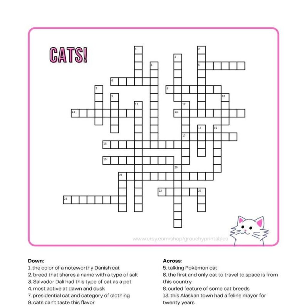 Cat Crossword Puzzle Printable Etsy