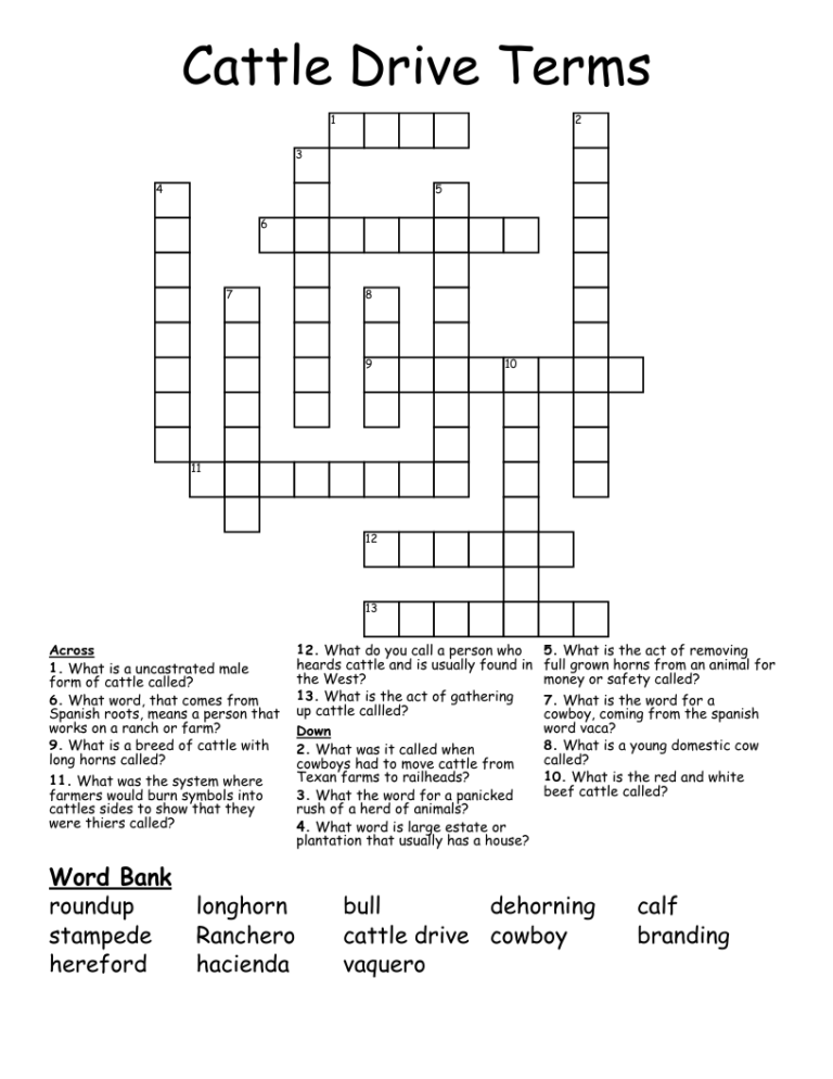 Cattle Drive Terms Crossword WordMint