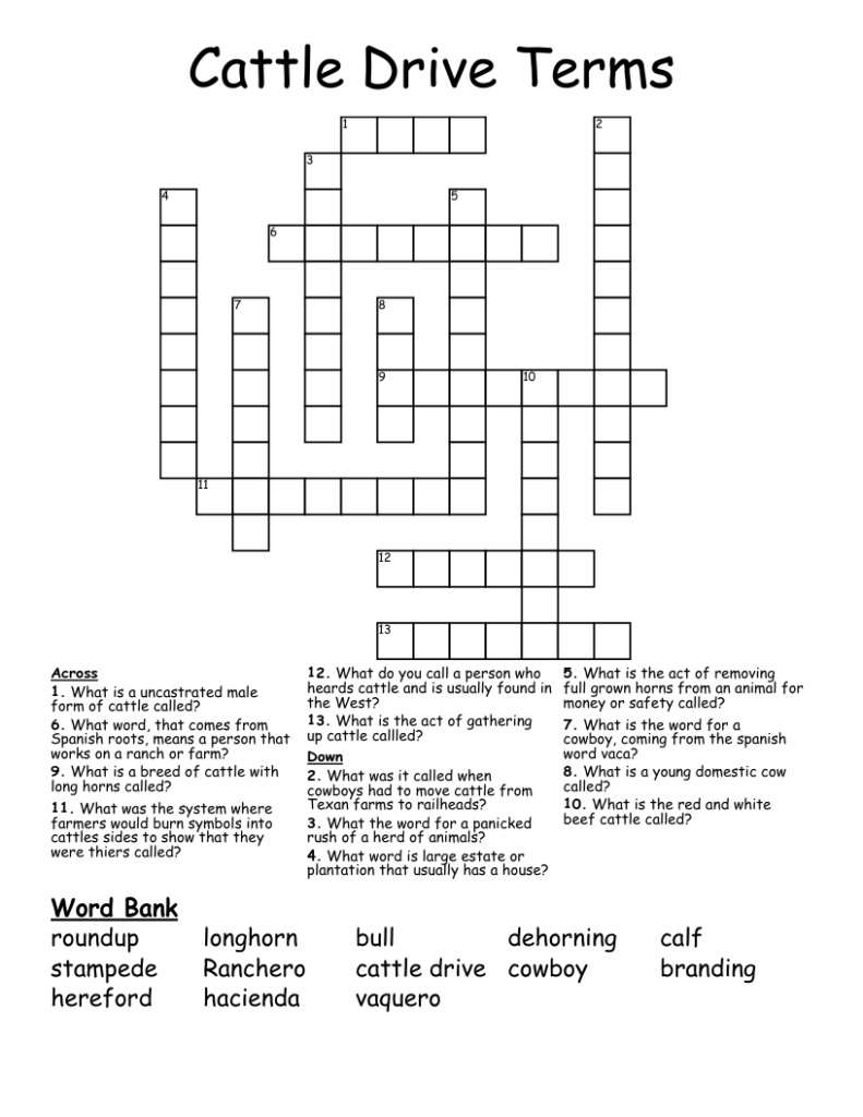 Cattle Drive Terms Crossword WordMint