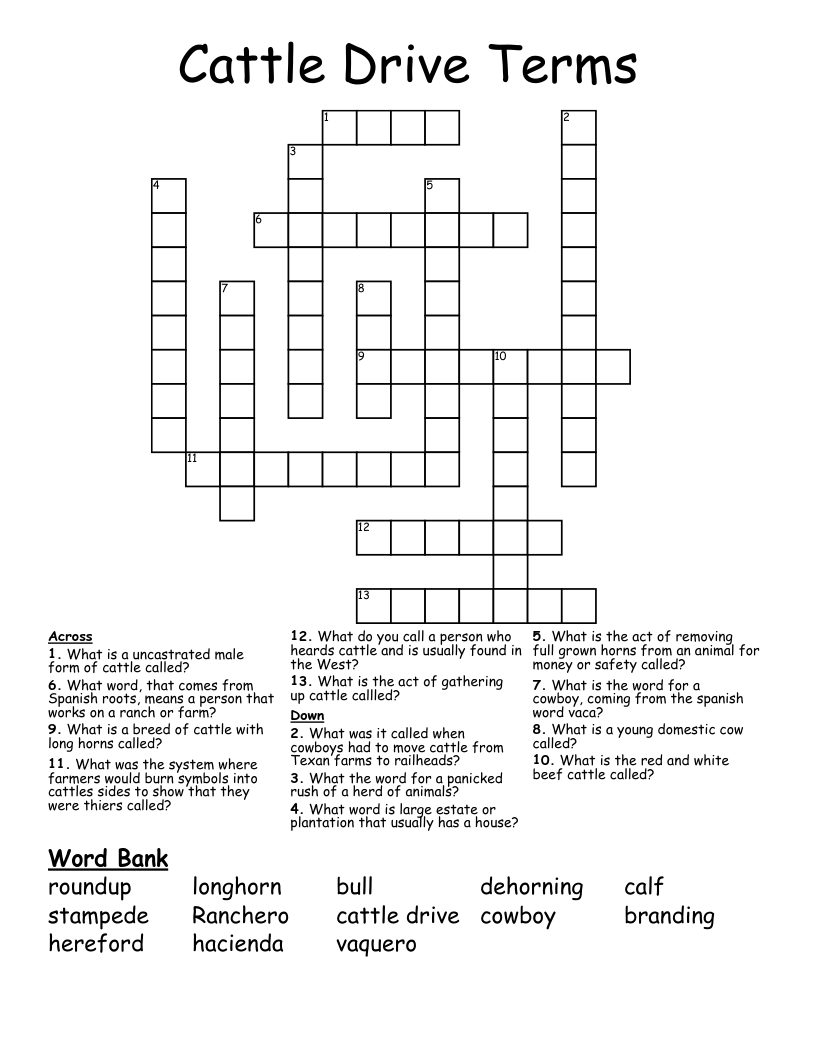 Cattle Drive Terms Crossword WordMint