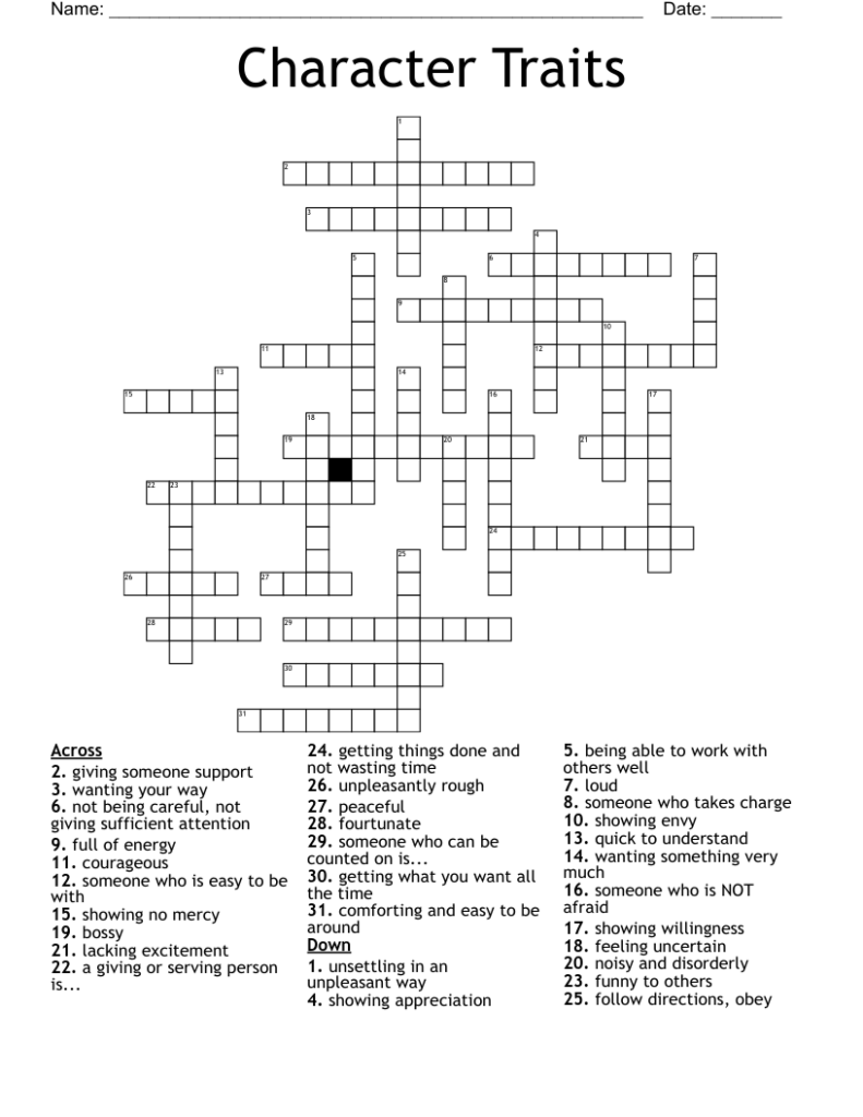 Character Traits Crossword Puzzle WordMint