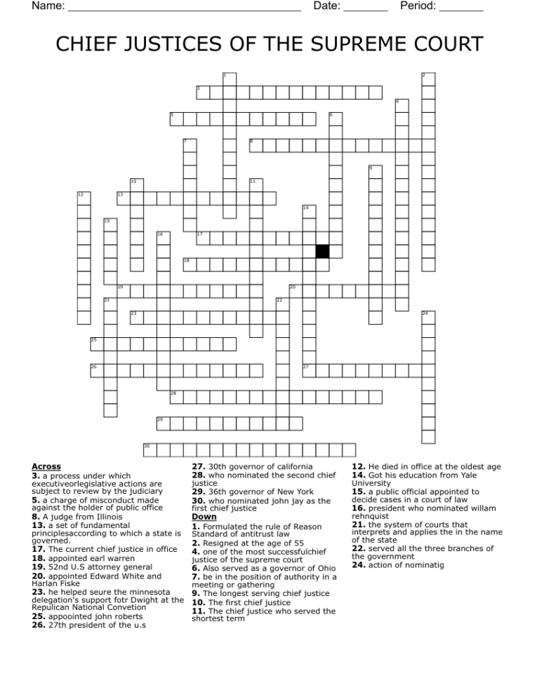 CHIEF JUSTICES OF THE SUPREME COURT Crossword WordMint