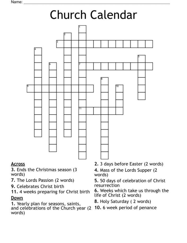 Church Calendar Crossword WordMint