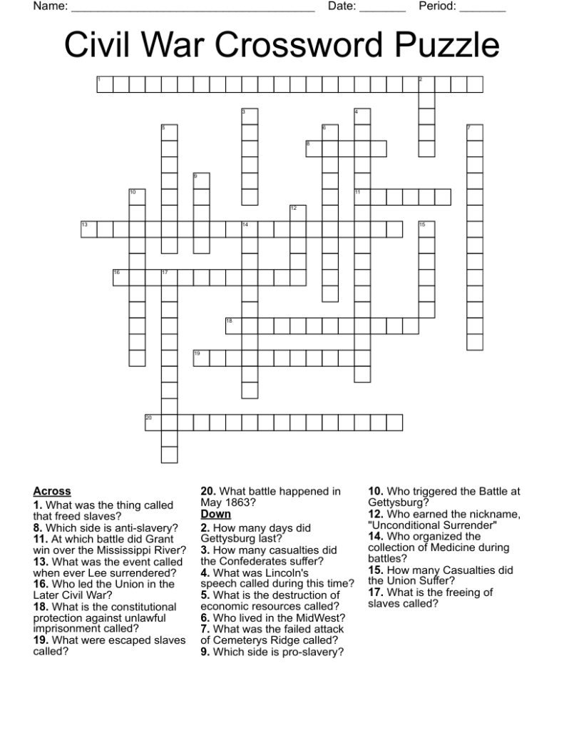 Civil War Crossword Puzzle Printable