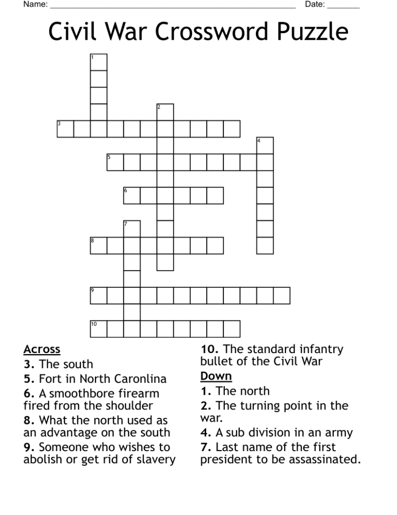 Civil War Crossword Puzzle WordMint