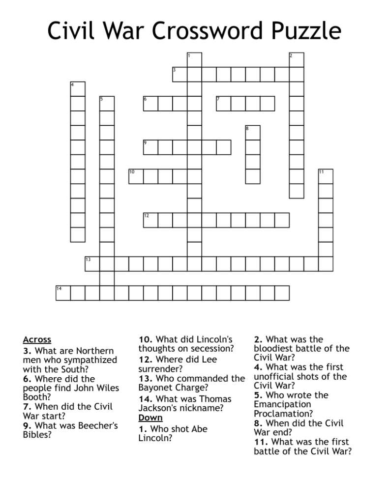 Civil War Crossword Puzzle WordMint