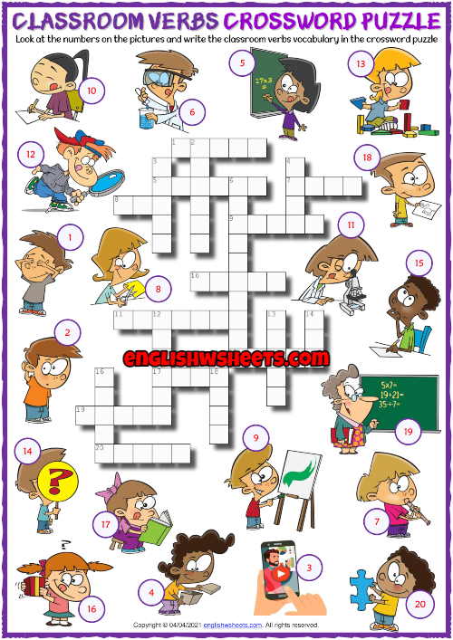 Classroom Verbs ESL Printable Crossword Puzzle Worksheet