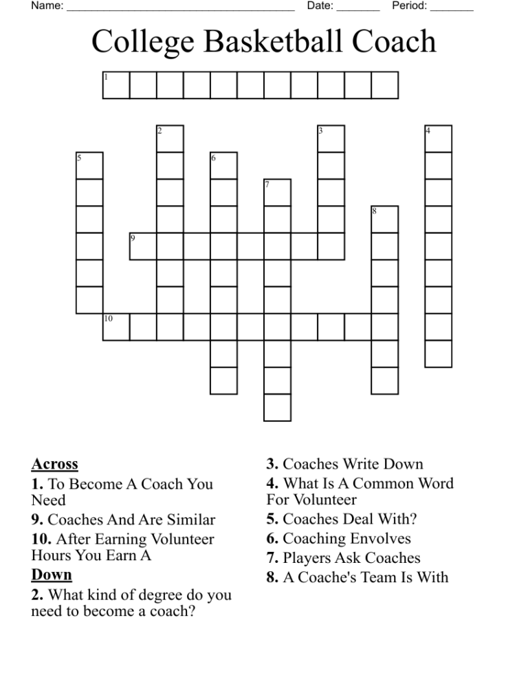 College Basketball Coach Crossword WordMint