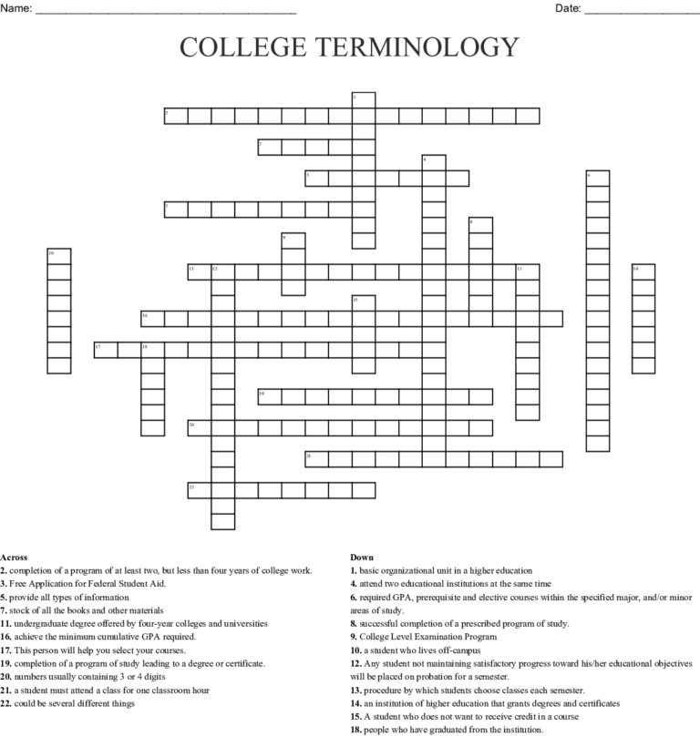 College Crossword Puzzle Printable Printable Crossword Puzzles