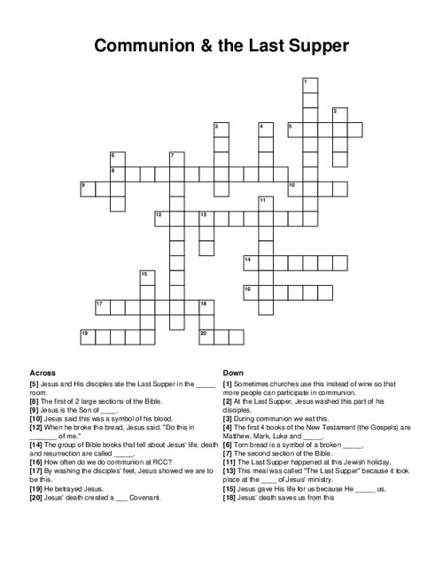 Communion The Last Supper Crossword Puzzle