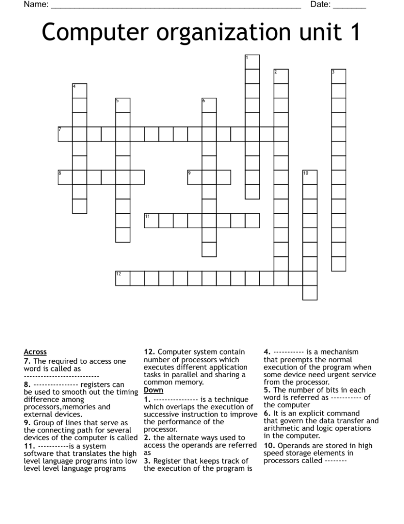 Computer Organization Unit 1 Crossword WordMint