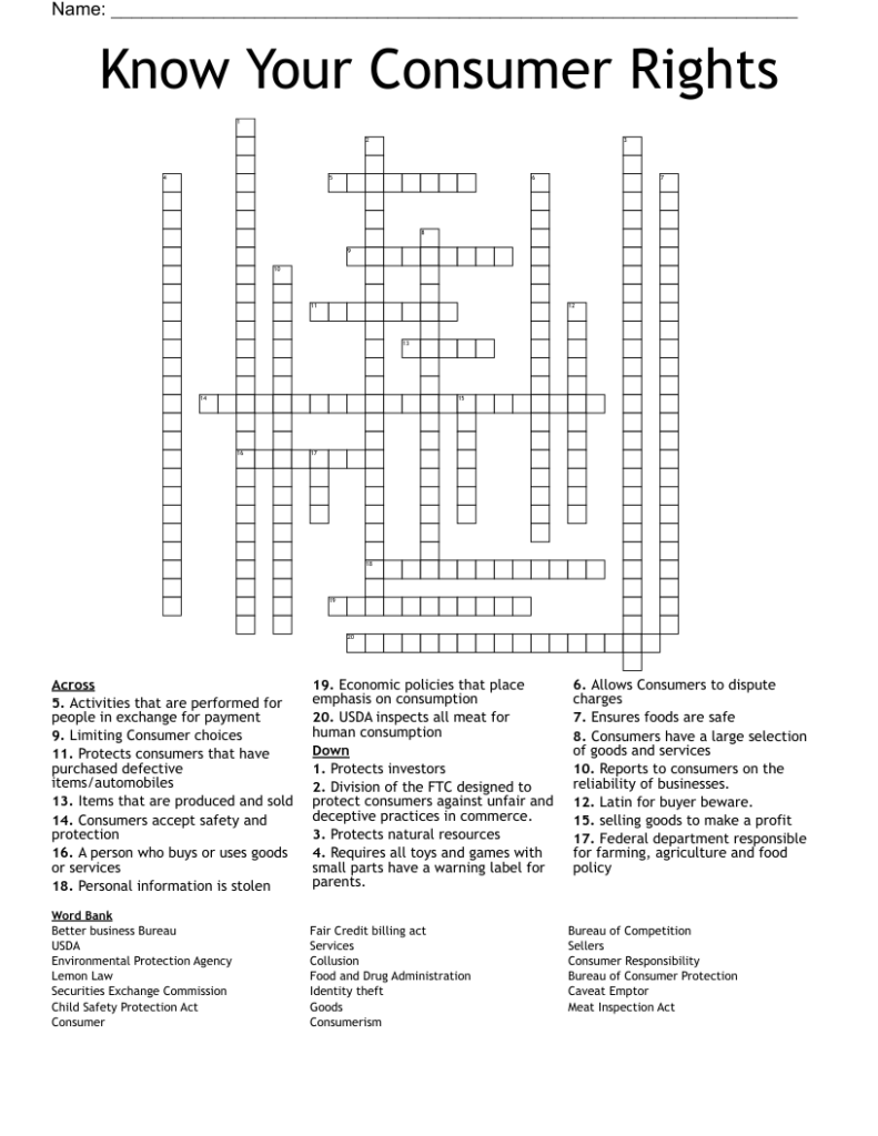 Consumer Advocacy Protection Crosswords Word Searches Bingo Cards 