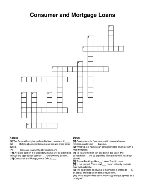 Consumer And Mortgage Loans Crossword Puzzle