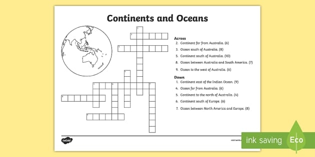 Continents And Oceans Crossword teacher Made Twinkl