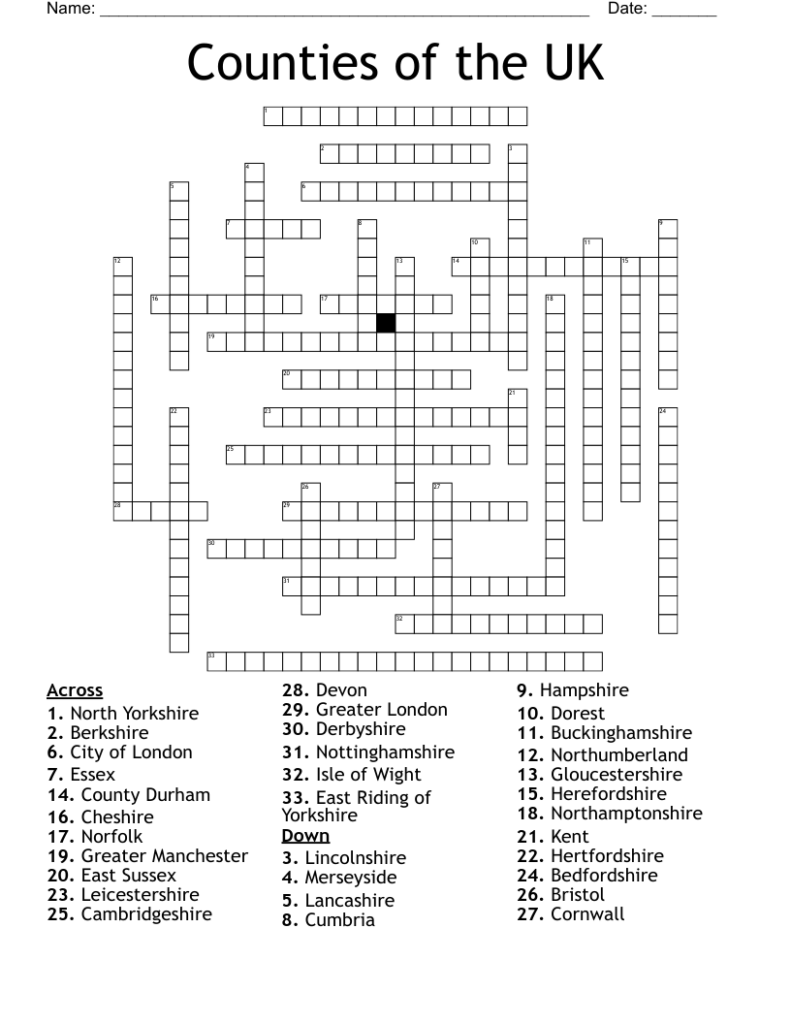 Counties Of The UK Crossword WordMint