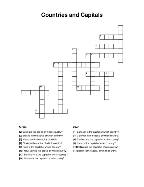 Countries And Capitals Crossword Puzzle