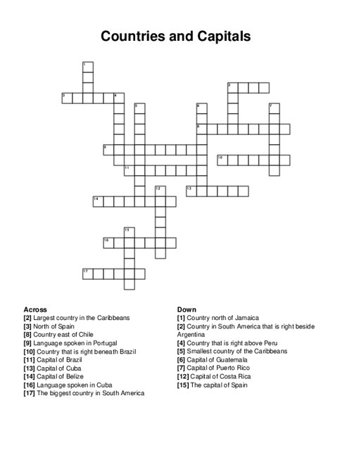 Countries And Capitals Crossword Puzzle