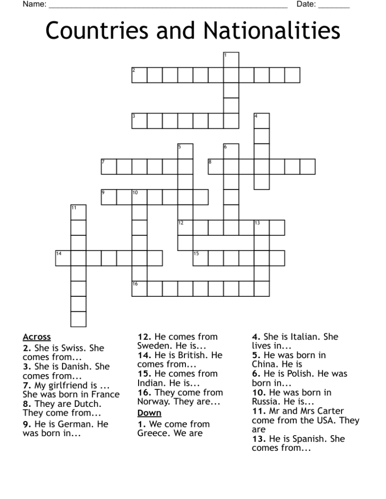 Countries And Nationalities Crossword WordMint