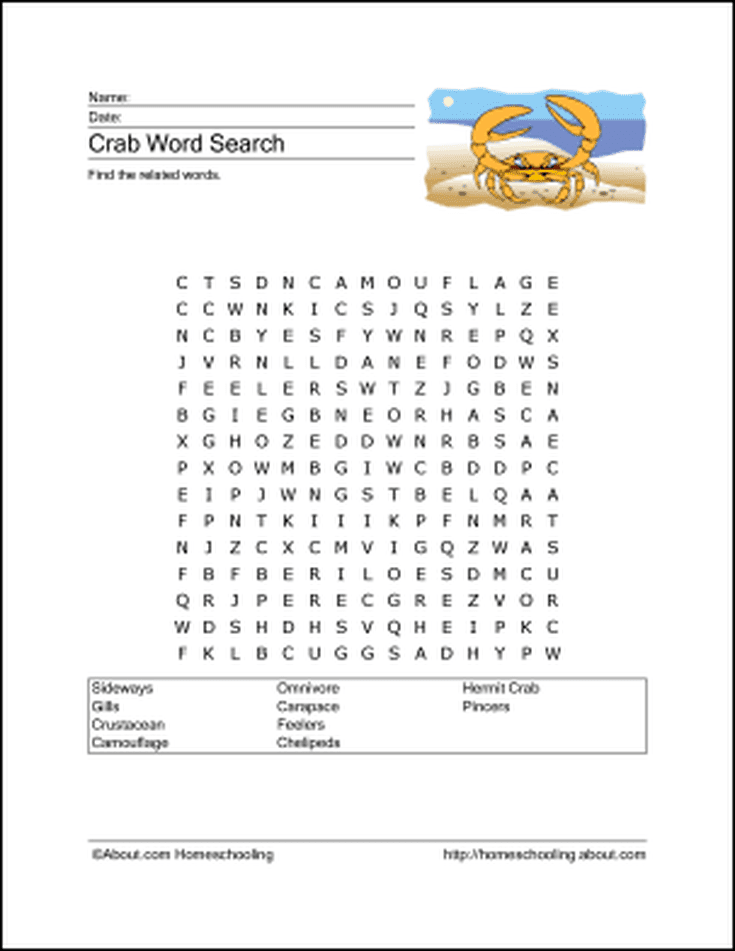 Crab Wordsearch Vocabulary Crossword And More Crab School Age 