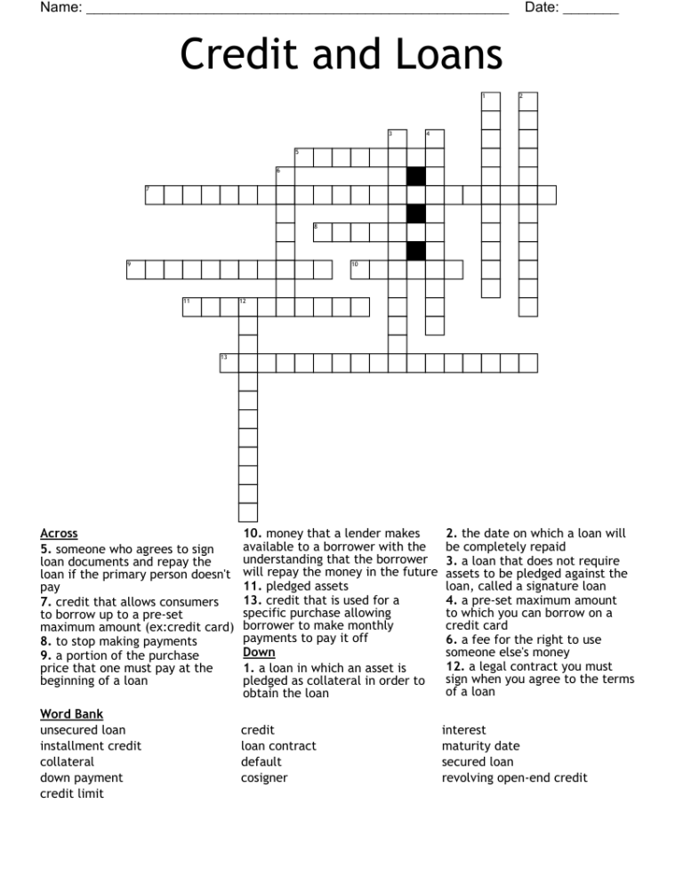 Credit And Loans Crossword WordMint