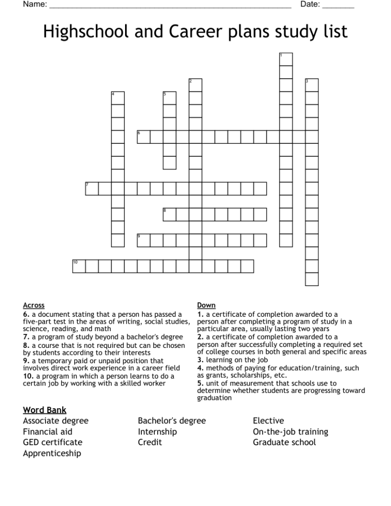 Crossword Plans Of Study