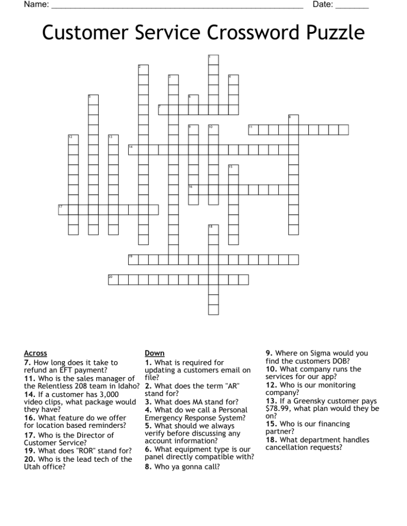 Customer Service Crossword Puzzle WordMint