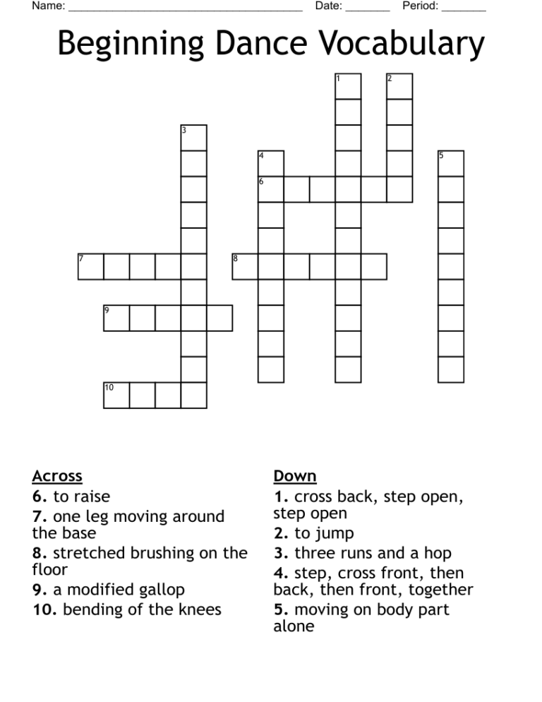 Dance Crossword Puzzle Printable