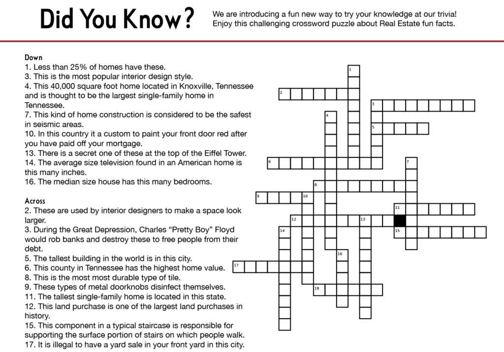 Did You Know Real Estate Crossword Puzzle Yourwilliamson