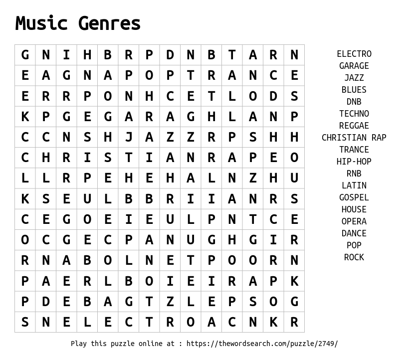 Download Word Search On Music Genres