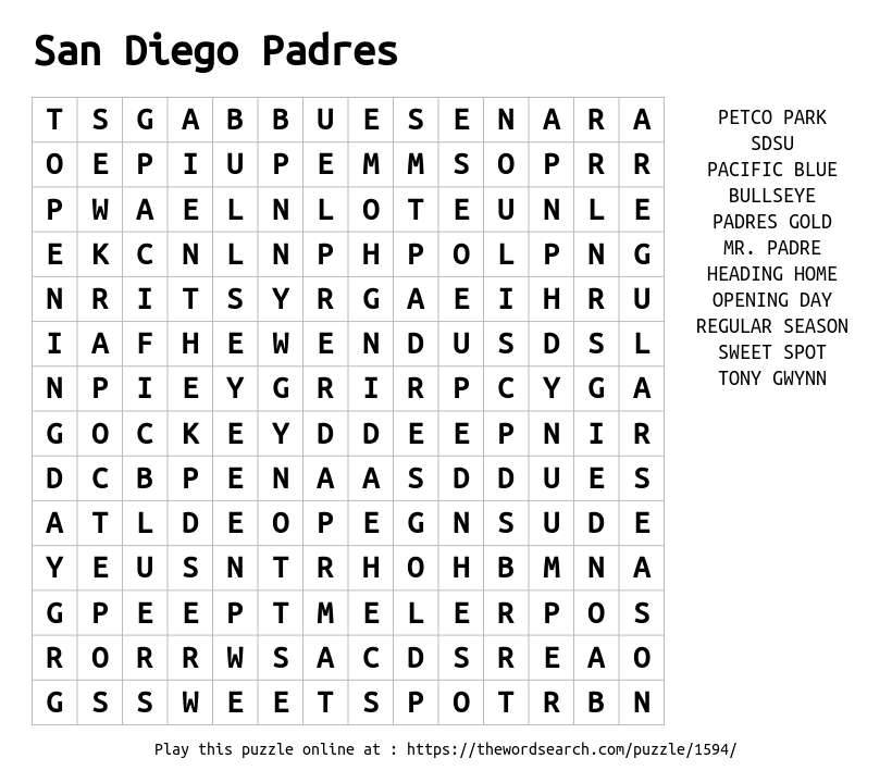 Download Word Search On San Diego Padres