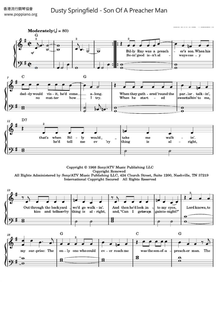 Dusty Springfield Son Of A Preacher Man Sheet Music Pdf Free Score 