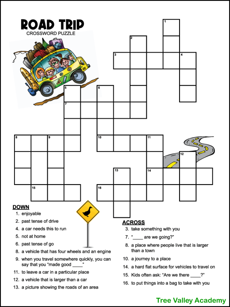 Easy Road Trip Crossword Puzzle For Kids Tree Valley Academy