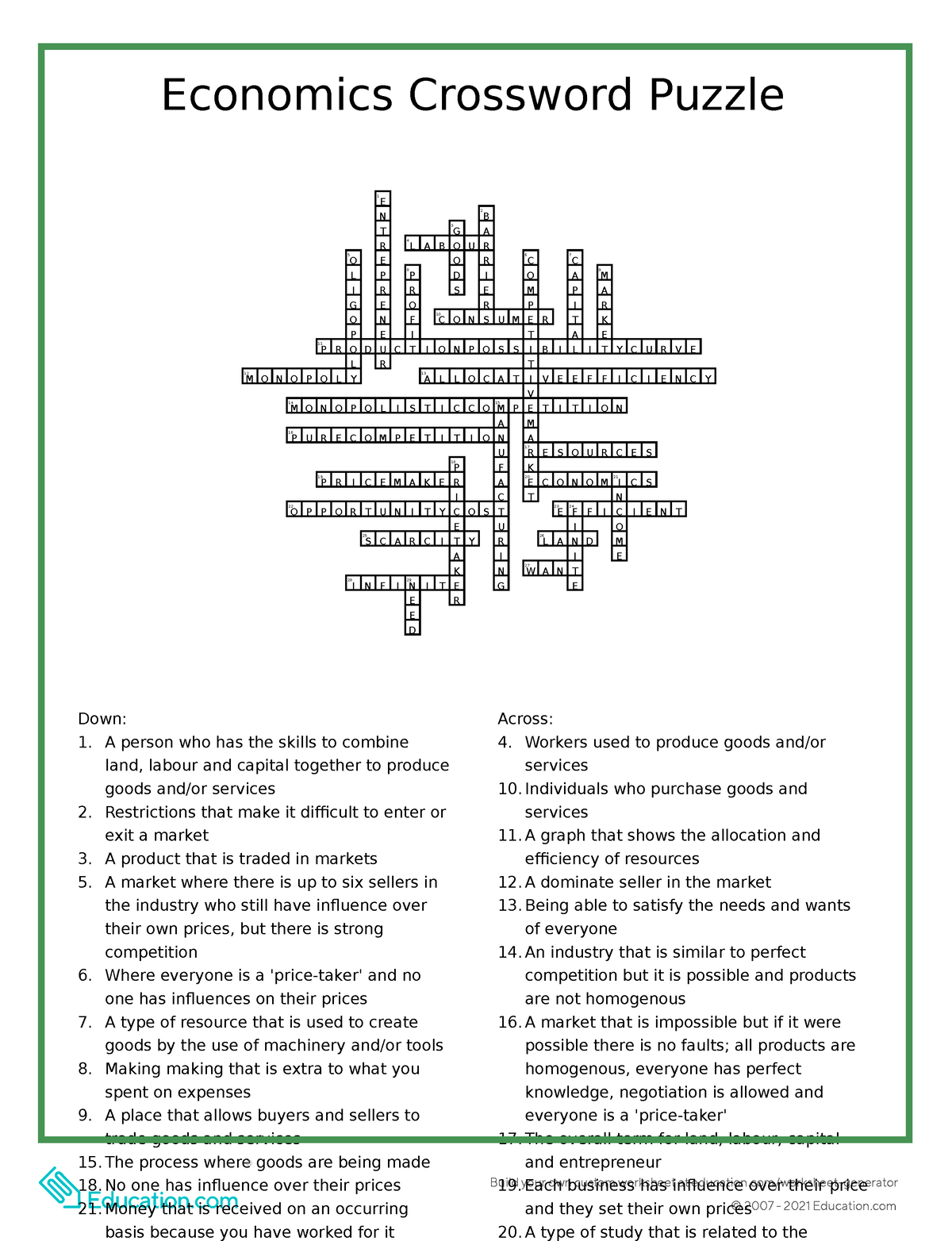 Economics Crossword Answer Key 1 Build Your Own Custom Worksheet At